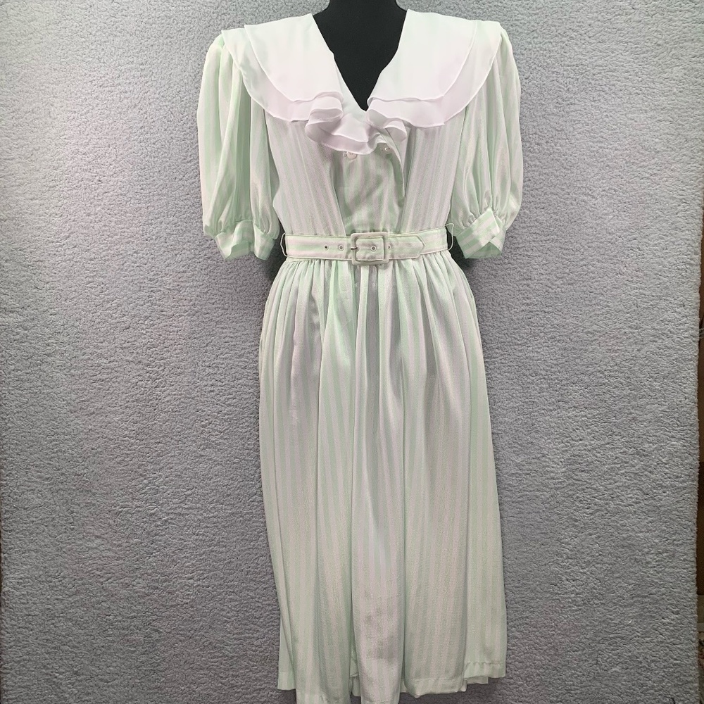Vintage 80s Cottagecore Ruffle Collar Puff Sleeve Prairie Dress with Belt Size S